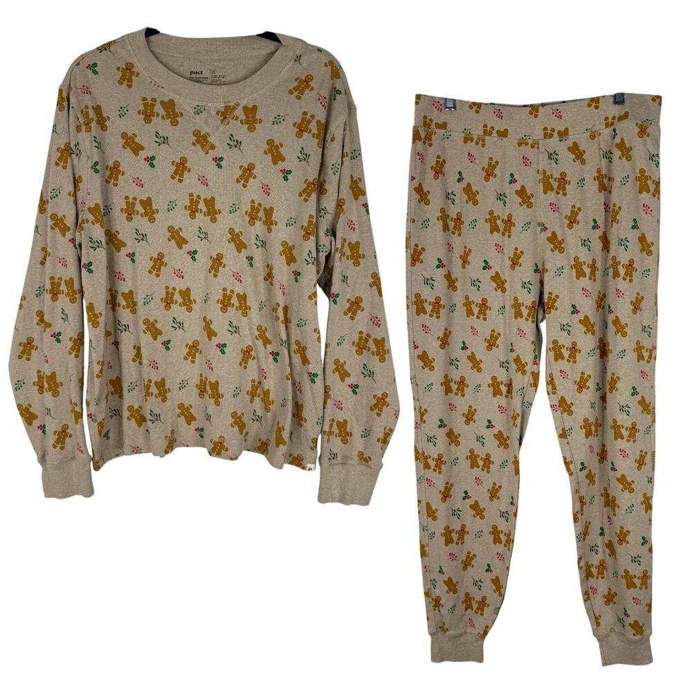Pact Pajama Set Gingerbread Print Organic Cotton Womens XL Beige Christmas 2pc